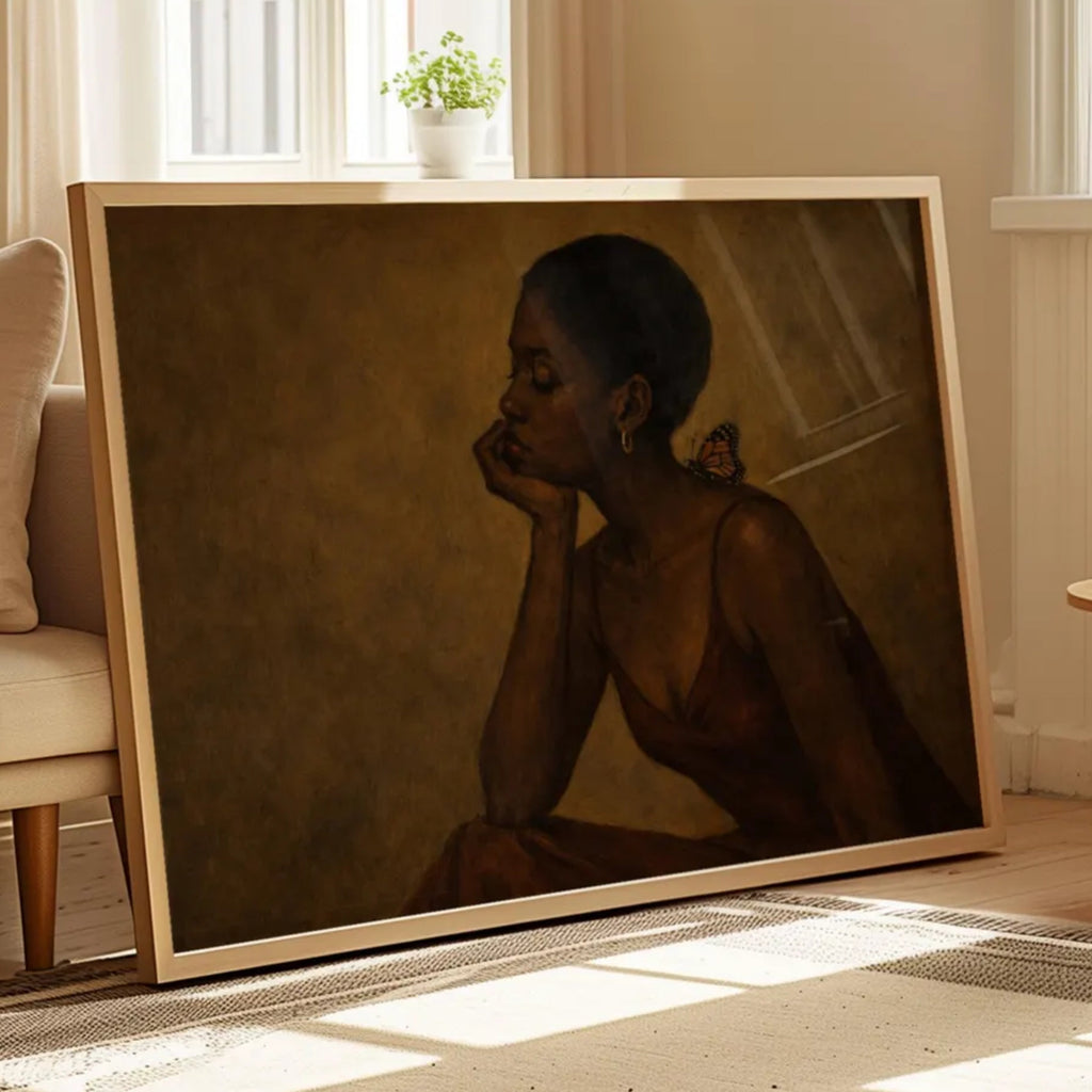 The weight of beautiful things is a hand painted contemporary figurative wall art print of a black woman with a butterfly, inspired by contemporary figurative painting, the value of friendship, cinematic images, the melancholy beauty of simple pleasures, bringing storytelling, atmosphere and afrocentric wall art. large textured canva khaki oil painting wall art print