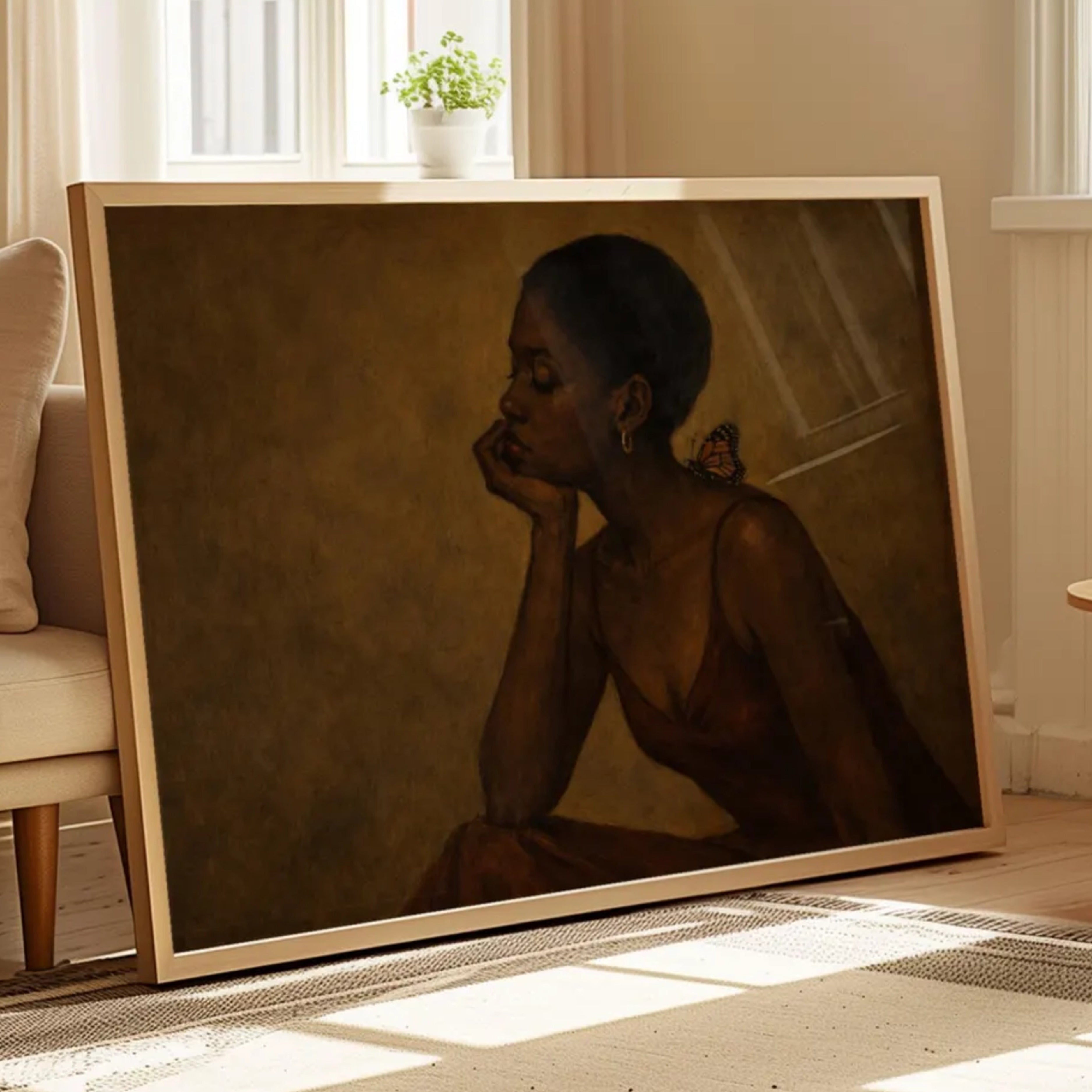 The weight of beautiful things is a hand painted contemporary figurative wall art print of a black woman with a butterfly, inspired by contemporary figurative painting, the value of friendship, cinematic images, the melancholy beauty of simple pleasures, bringing storytelling, atmosphere and afrocentric wall art. large textured canva khaki oil painting wall art print