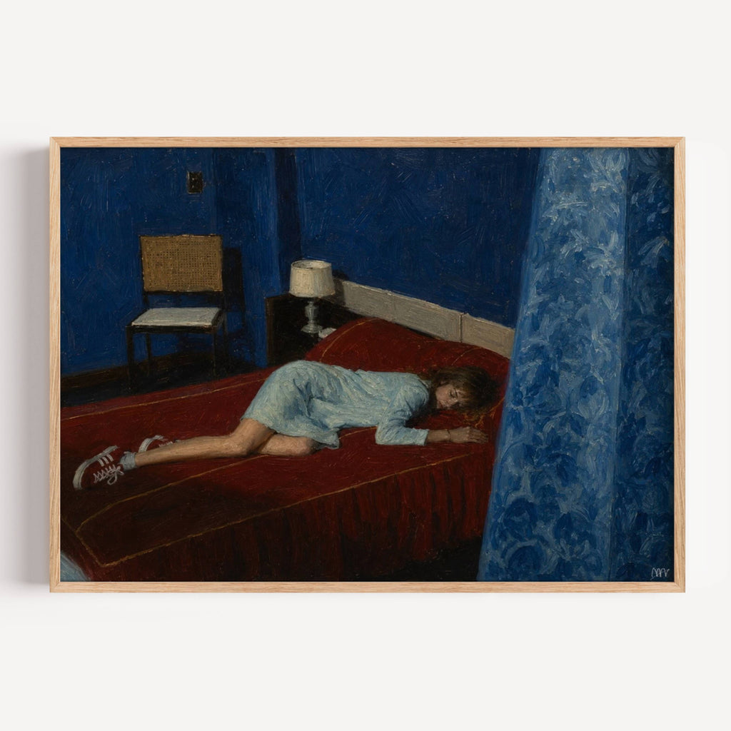 the world can wait is a hand painted retro nostalgic contemporary figurative wall art print of a girl laying on her bed with her sneakers, inspired by contemporary figurative painting, cinematic images, the melancholy beauty of old films, bringing storytelling, atmosphere and fashion. large textured canva oil painting wall art print