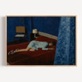 the world can wait is a hand painted retro nostalgic contemporary figurative wall art print of a girl laying on her bed with her sneakers, inspired by contemporary figurative painting, cinematic images, the melancholy beauty of old films, bringing storytelling, atmosphere and fashion. large textured canva oil painting wall art print