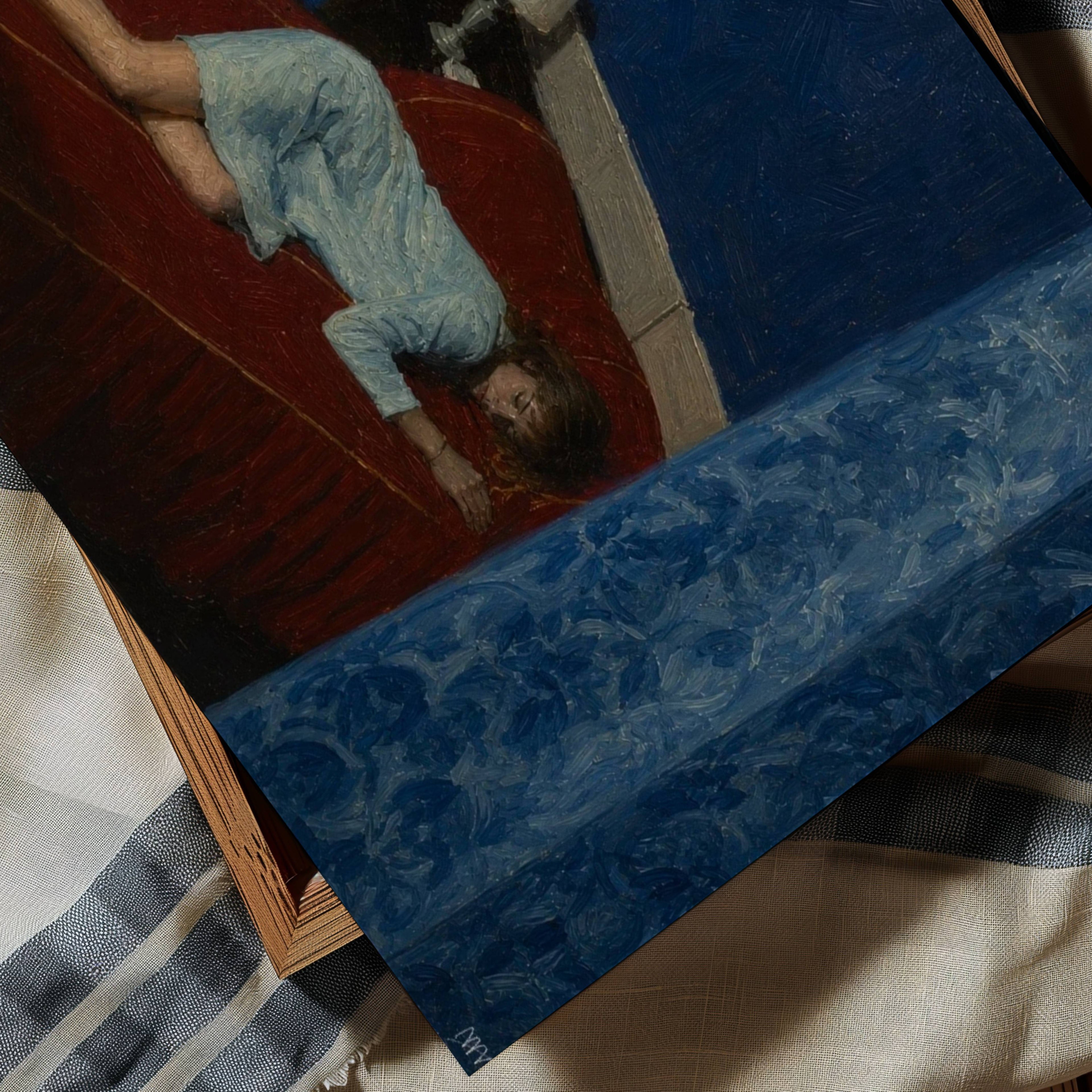 the world can wait is a hand painted retro nostalgic contemporary figurative wall art print of a girl lying on her bed with her sneakers, inspired by contemporary figurative painting, cinematic images, the melancholy beauty of old films, bringing storytelling, atmosphere and fashion. large textured canva oil painting wall art print
