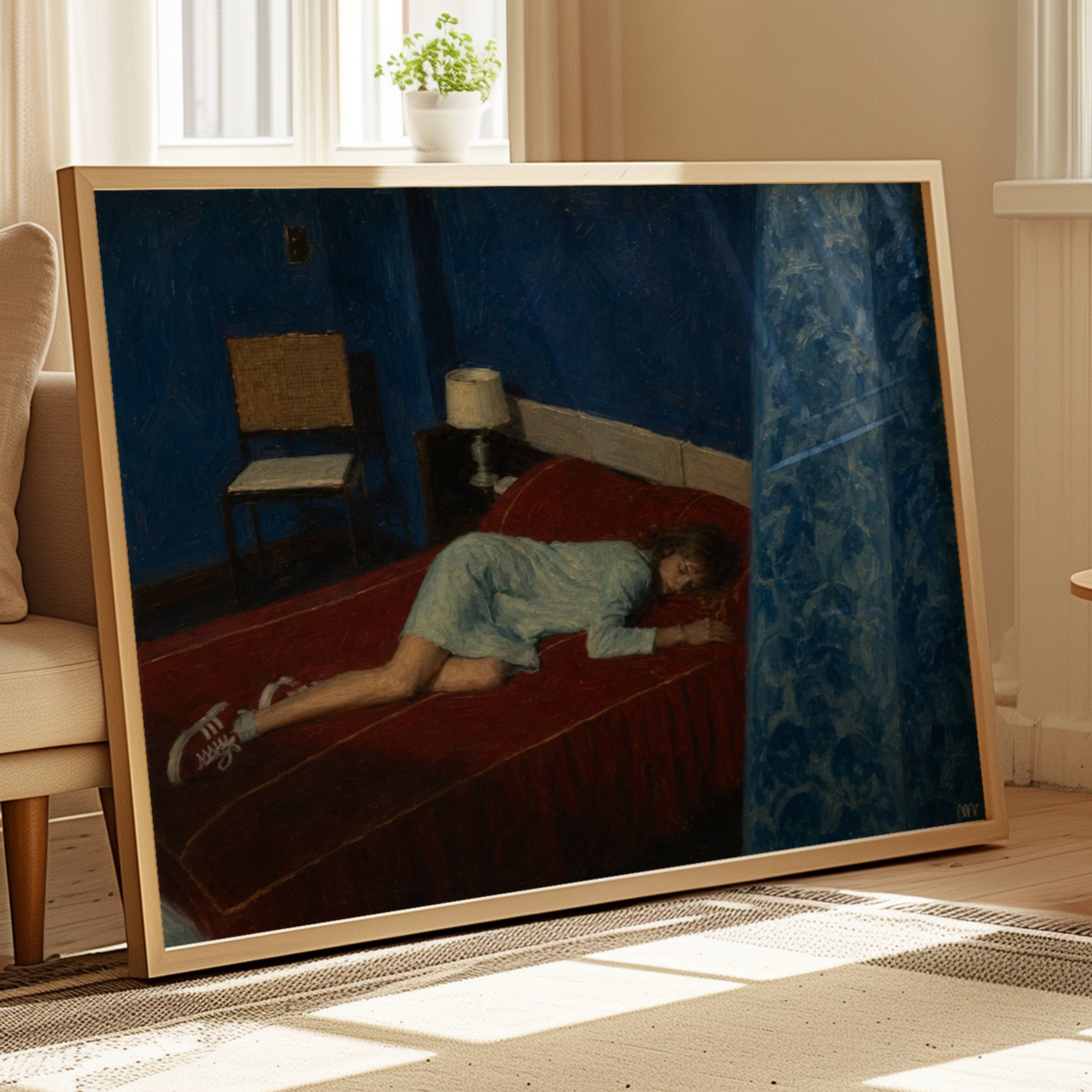 the world can wait is a hand painted retro nostalgic contemporary figurative wall art print of a girl lying on her bed with her sneakers, inspired by contemporary figurative painting, cinematic images, the melancholy beauty of old films, bringing storytelling, atmosphere and fashion. large textured canva oil painting wall art print