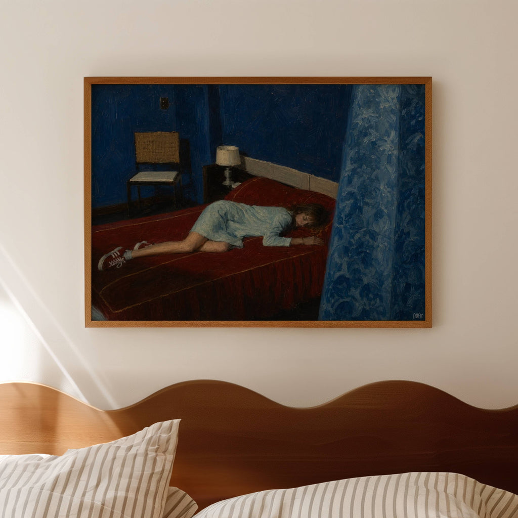 the world can wait is a hand painted retro nostalgic contemporary figurative wall art print of a girl lying on her bed with her sneakers, inspired by contemporary figurative painting, cinematic images, the melancholy beauty of old films, bringing storytelling, atmosphere and fashion. large textured canva oil painting wall art print
