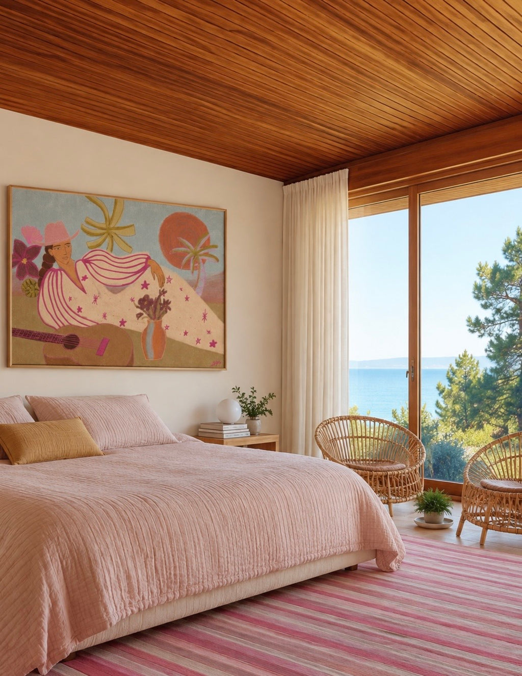 A styled bedroom interior with a bed dressed in blush pink bedding, a large colorful wall art piece above it, wicker chairs by tall windows, and a visible ocean view. The room has warm wood ceiling and window framing, cream walls, and a pink-and-white striped rug.
