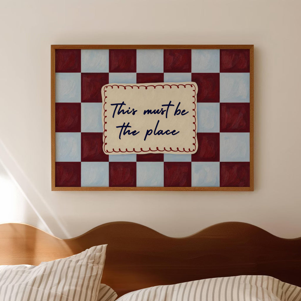 hand drawn Playful typography print with the phrase "this must be the place" in a retro checkerboard blue and ruby burgundy, on textured oil painting canva. This is a hand drawn trendy typography ideal for above bed, bedrooms, dorm room decor, living rooms and kitchens, gallery walls and playful interiors.