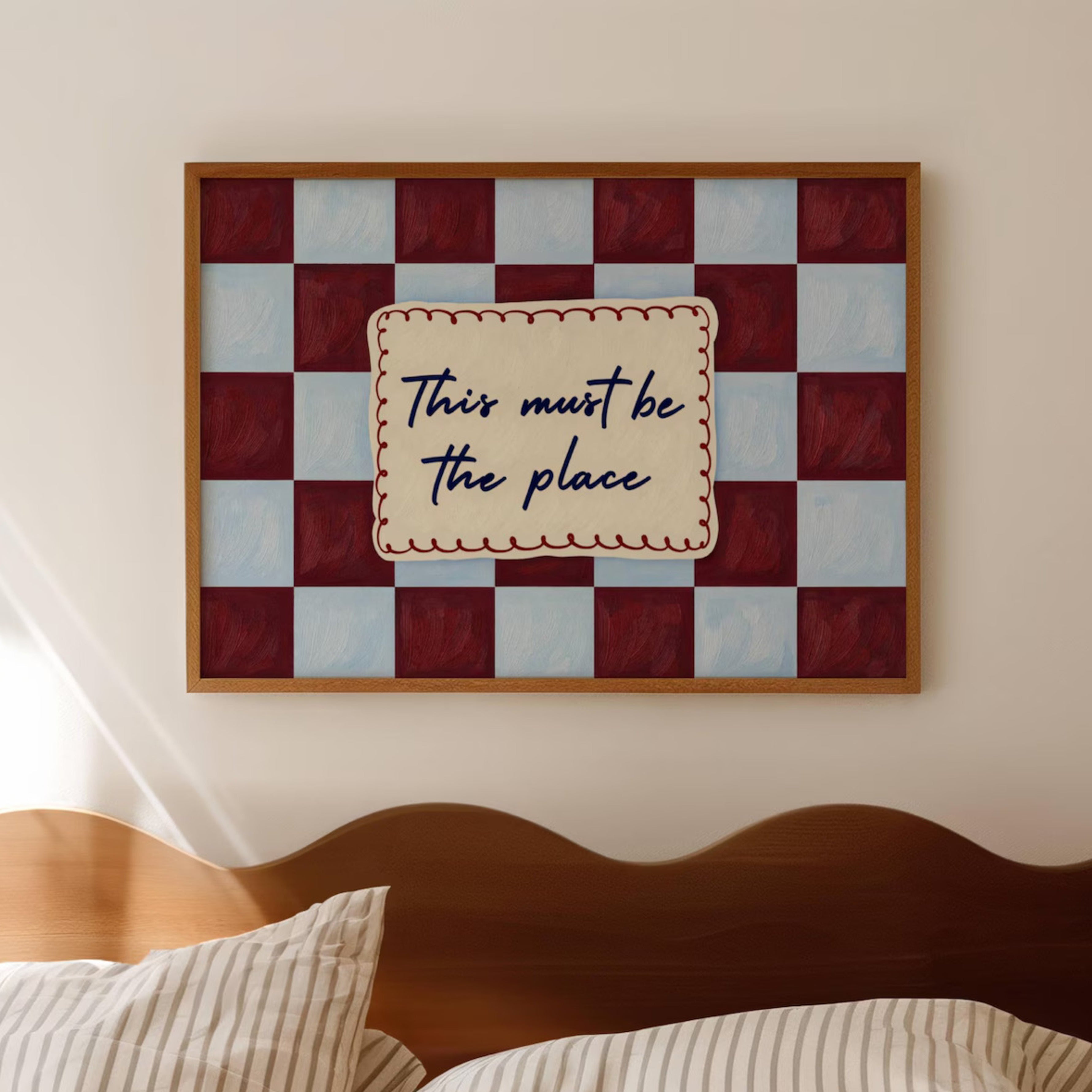 hand drawn Playful typography print with the phrase "this must be the place" in a retro checkerboard blue and ruby burgundy, on textured oil painting canva. This is a hand drawn trendy typography ideal for above bed, bedrooms, dorm room decor, living rooms and kitchens, gallery walls and playful interiors.