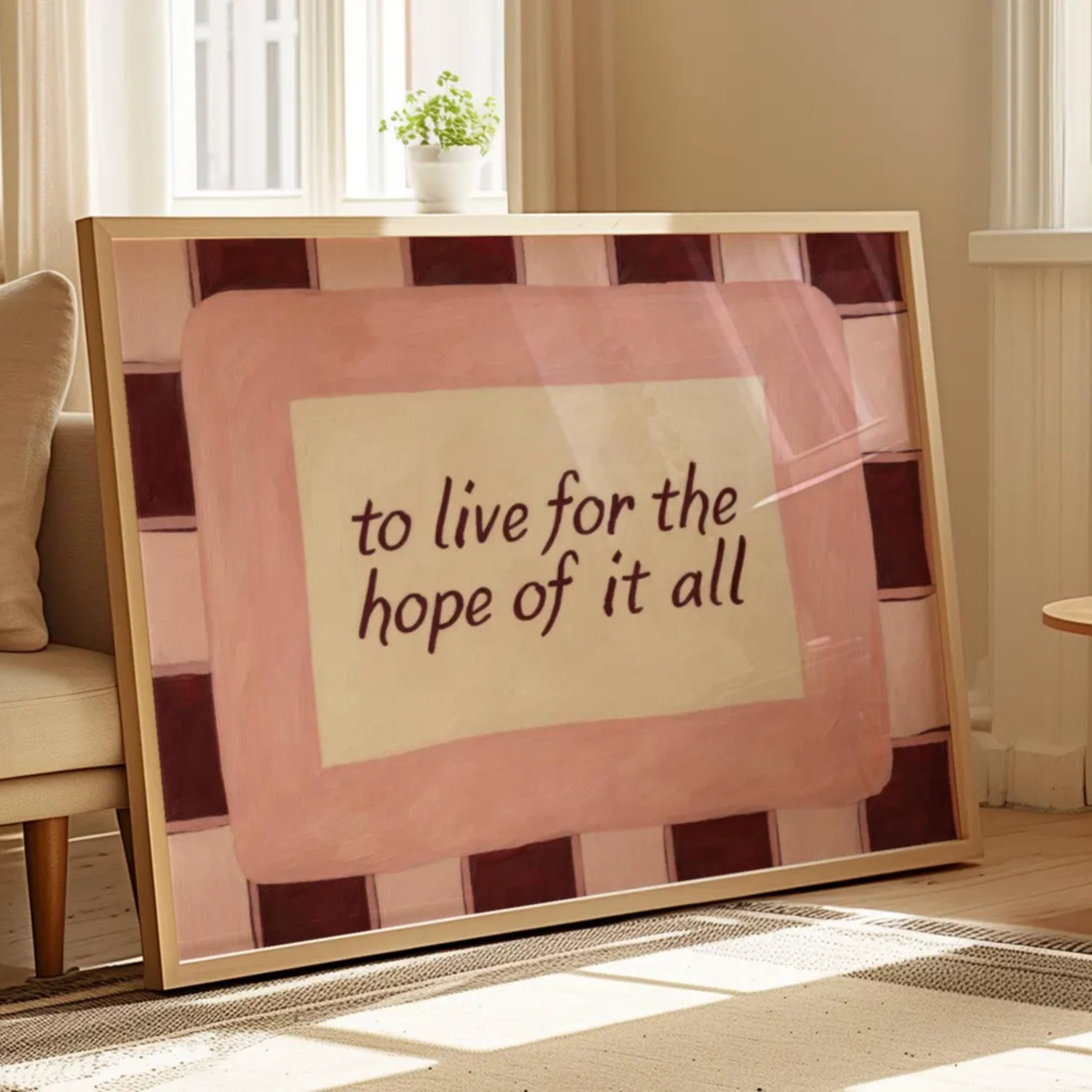 hand drawn Playful motivational bedroom typography Taylor Swift song lyrics print with the phrase "to live for the hope of it all" in pink and ruby burgundy, on textured oil painting canva, inspired by Taylor Swift song lyrics. This is a hand drawn trendy typography / sonf lyrics wall art print ideal for Taylor fans, above bed, bedrooms, dorm room decor, living rooms and kitchens, gallery walls and playful interiors.