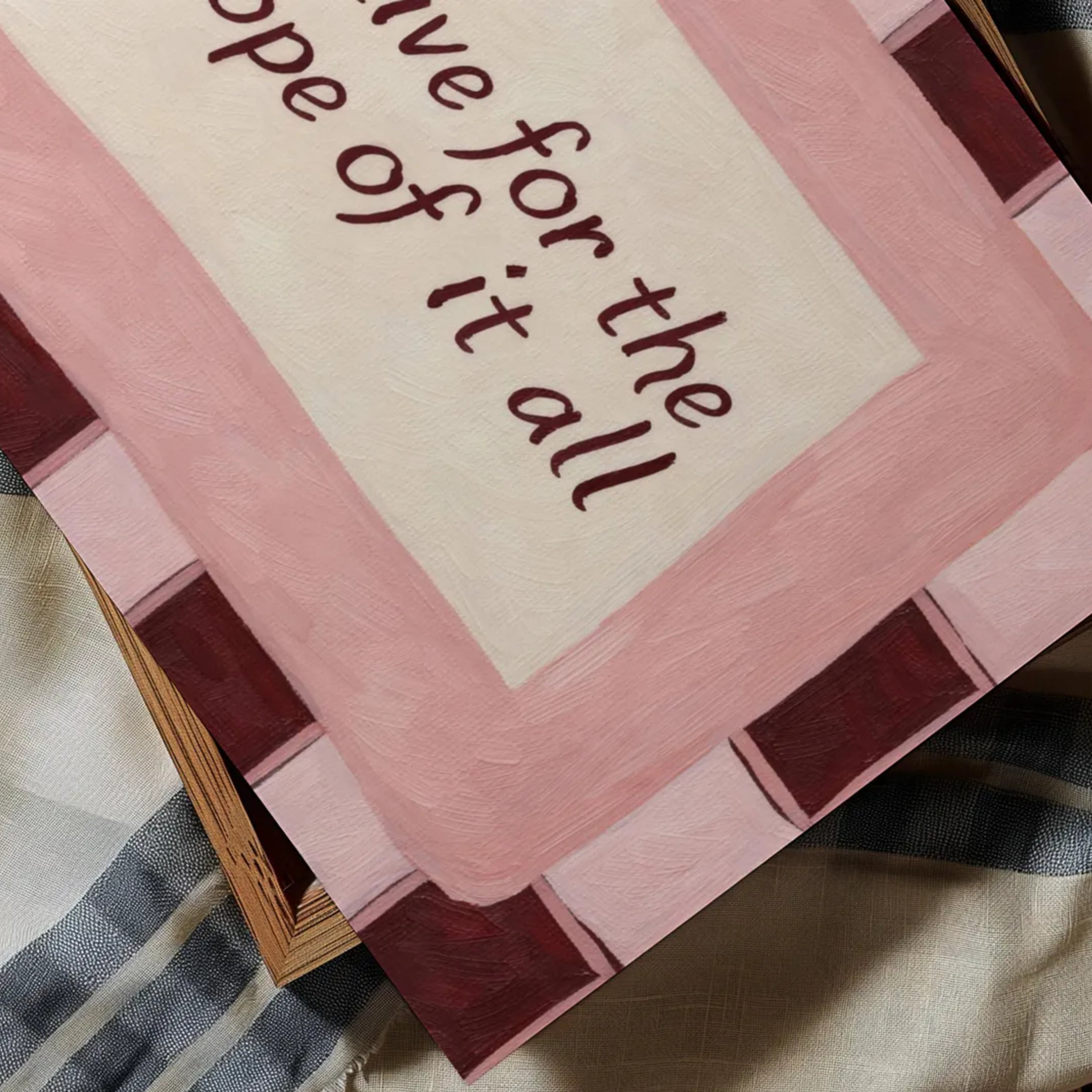 hand drawn Playful motivational bedroom typography Taylor Swift song lyrics print with the phrase "to live for the hope of it all" in pink and ruby burgundy, on textured oil painting canva, inspired by Taylor Swift song lyrics. This is a hand drawn trendy typography / sonf lyrics wall art print ideal for Taylor fans, above bed, bedrooms, dorm room decor, living rooms and kitchens, gallery walls and playful interiors.