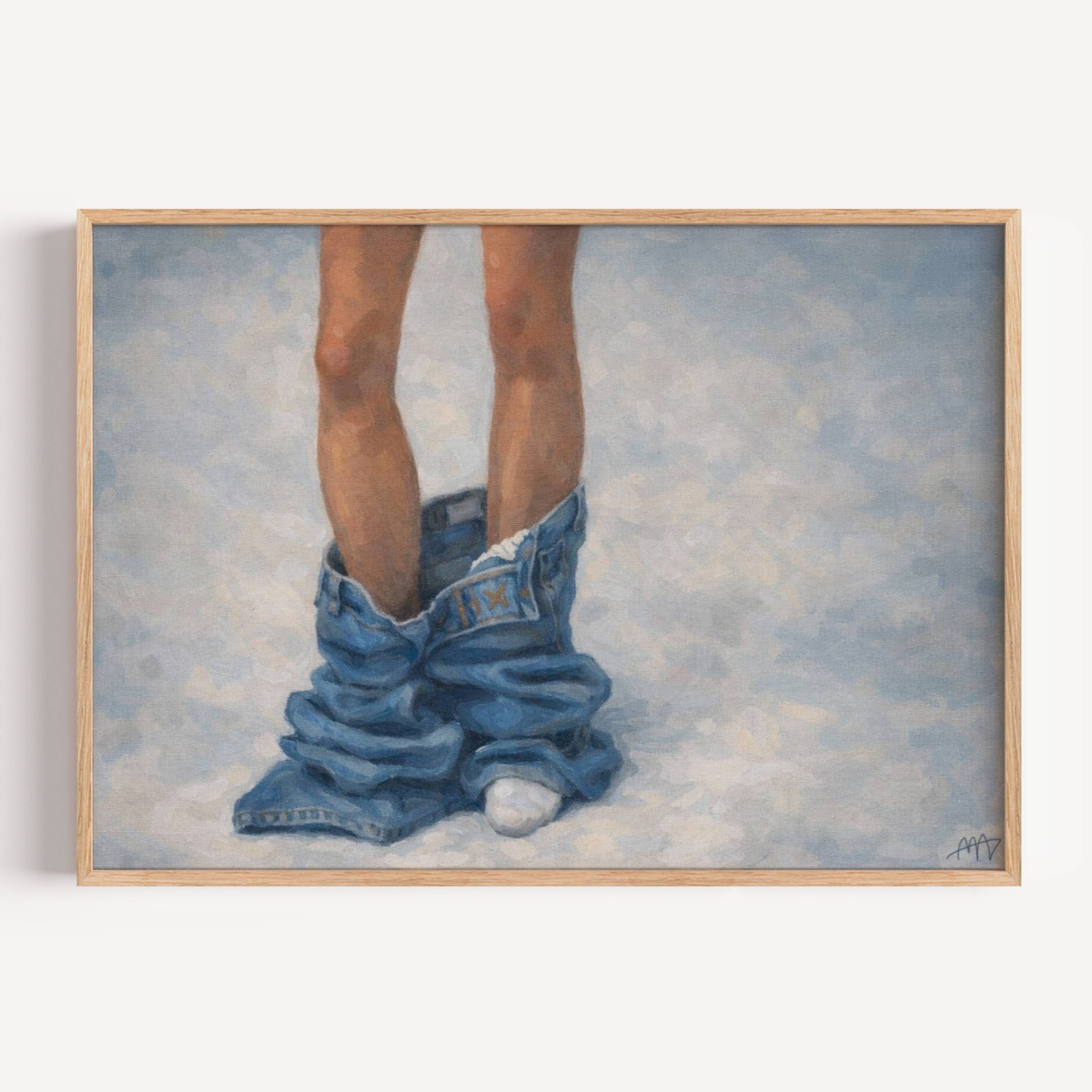undone is a hand painted Contemporary and figurative feminine wall art print depicting jeans pooled around a figure's legs, exloring femininity, intimacy and quiet daily rituals, against a light blue background with expressive painterly texture. Minimalist Mid century modern oil painting in cinematic nostalgia composition.