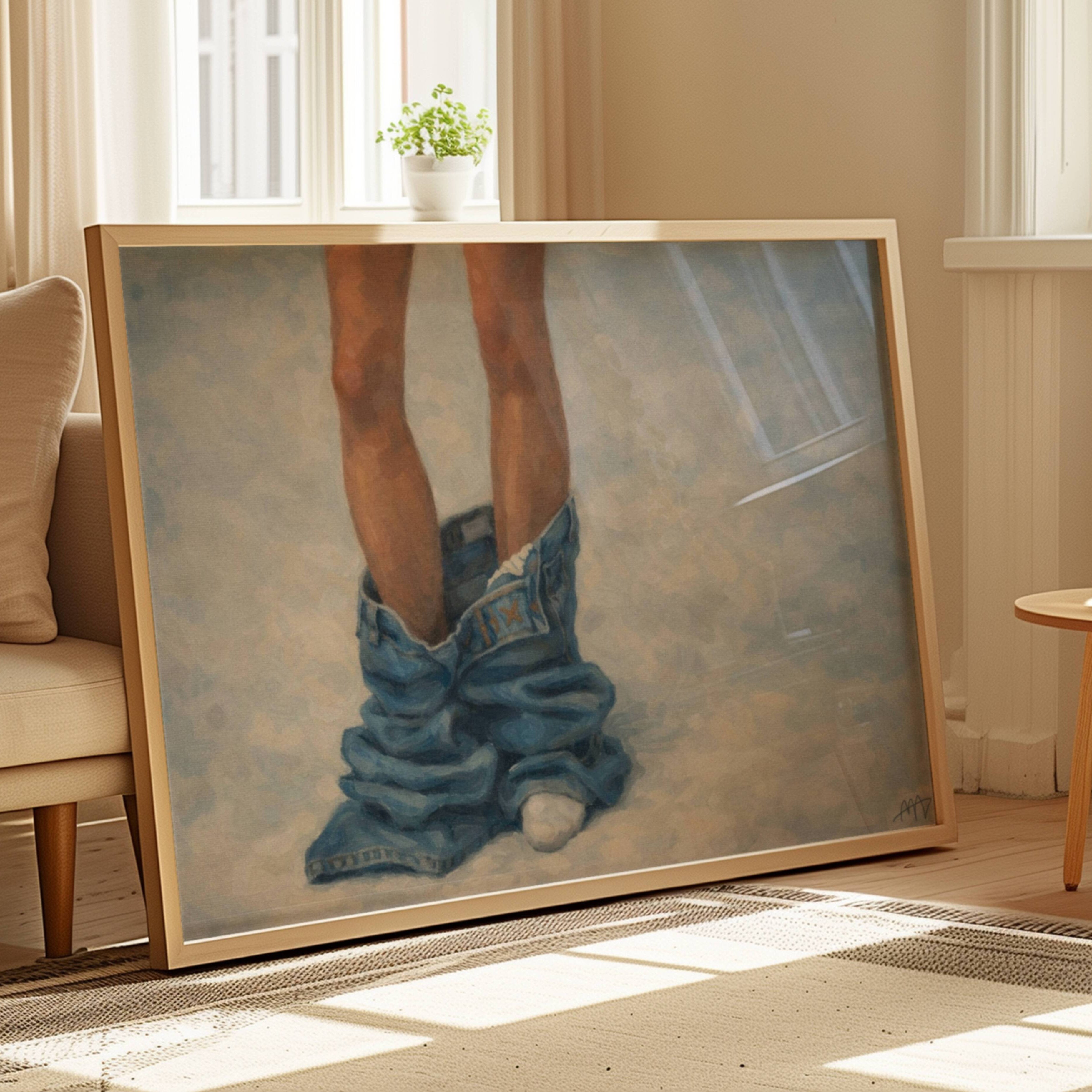 undone is a hand painted Contemporary and figurative feminine wall art print depicting jeans pooled around a figure's legs, exloring femininity, intimacy and quiet daily rituals, against a light blue background with expressive painterly texture. Minimalist Mid century modern oil painting in cinematic nostalgia composition.