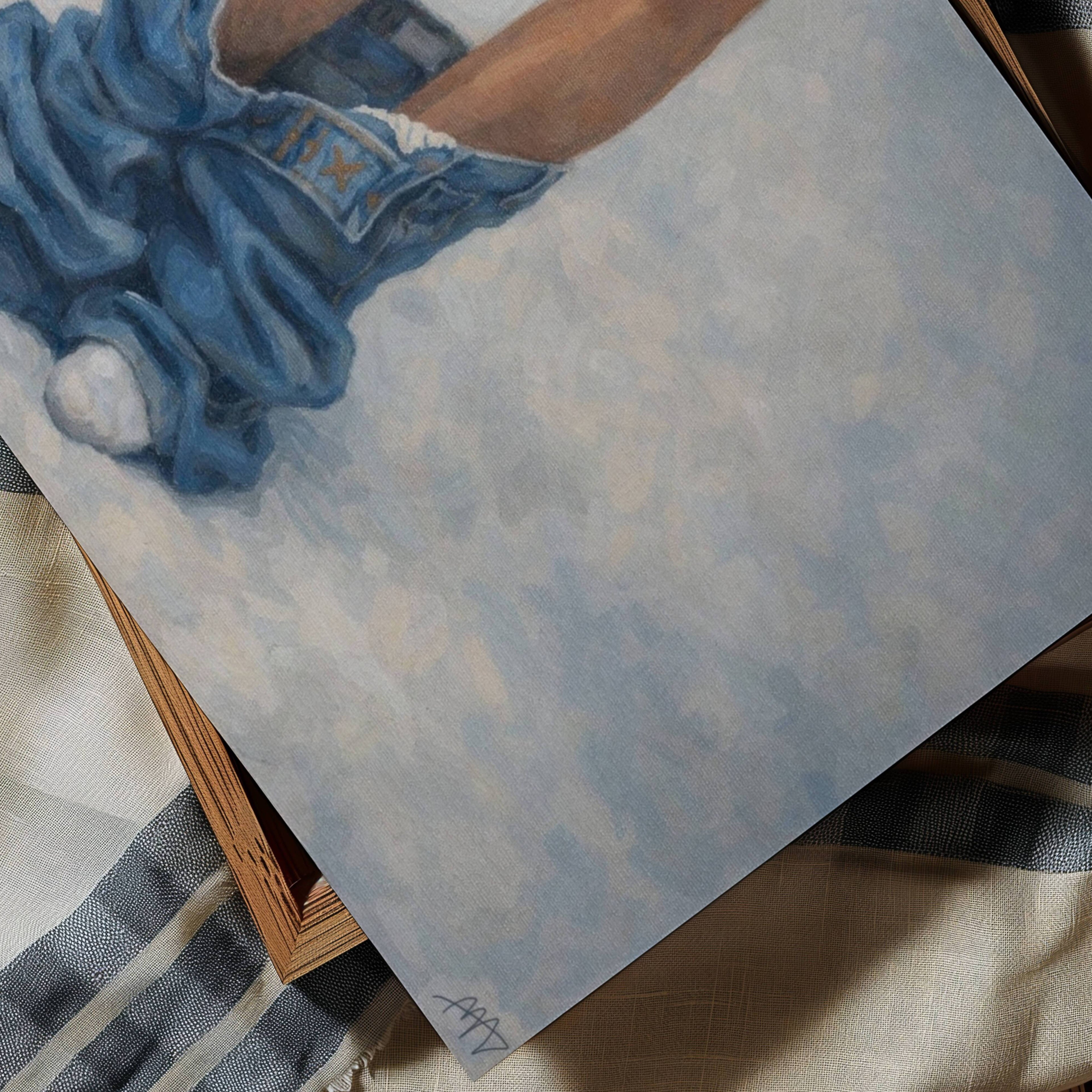 undone is a hand painted Contemporary and figurative feminine wall art print depicting jeans pooled around a figure's legs, exloring femininity, intimacy and quiet daily rituals, against a light blue background with expressive painterly texture. Minimalist Mid century modern oil painting in cinematic nostalgia composition.
