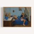 waiting for something good to happen is a hand painted retro nostalgic contemporary figurative wall art print of a woman smoking on a blue sofa, inspired by contemporary figurative painting, cinematic images, the melancholy beauty of old films, bringing storytelling, atmosphere and fashion. large textured canva oil painting wall art print