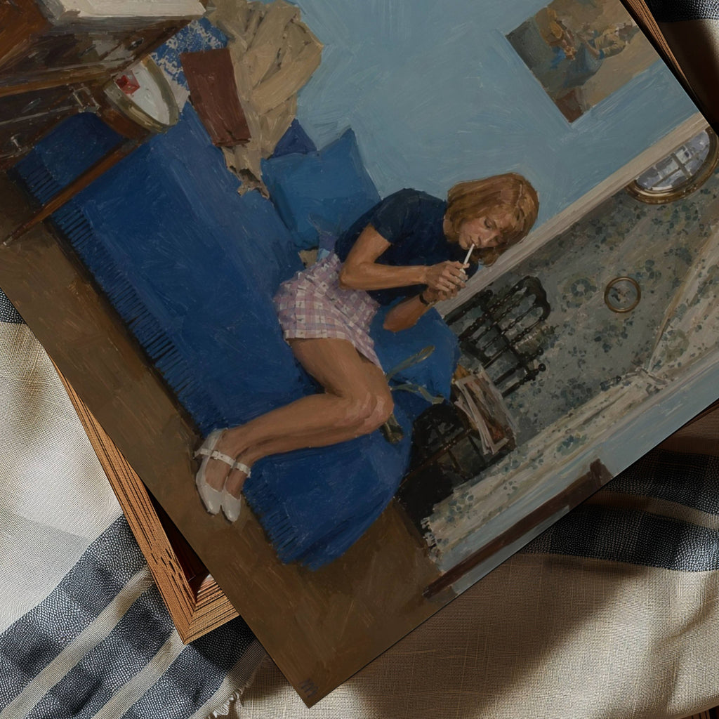 waiting for something good to happen is a hand painted retro nostalgic contemporary figurative wall art print of a woman smoking on a blue sofa, inspired by contemporary figurative painting, cinematic images, the melancholy beauty of old films, bringing storytelling, atmosphere and fashion. large textured canva oil painting wall art print
