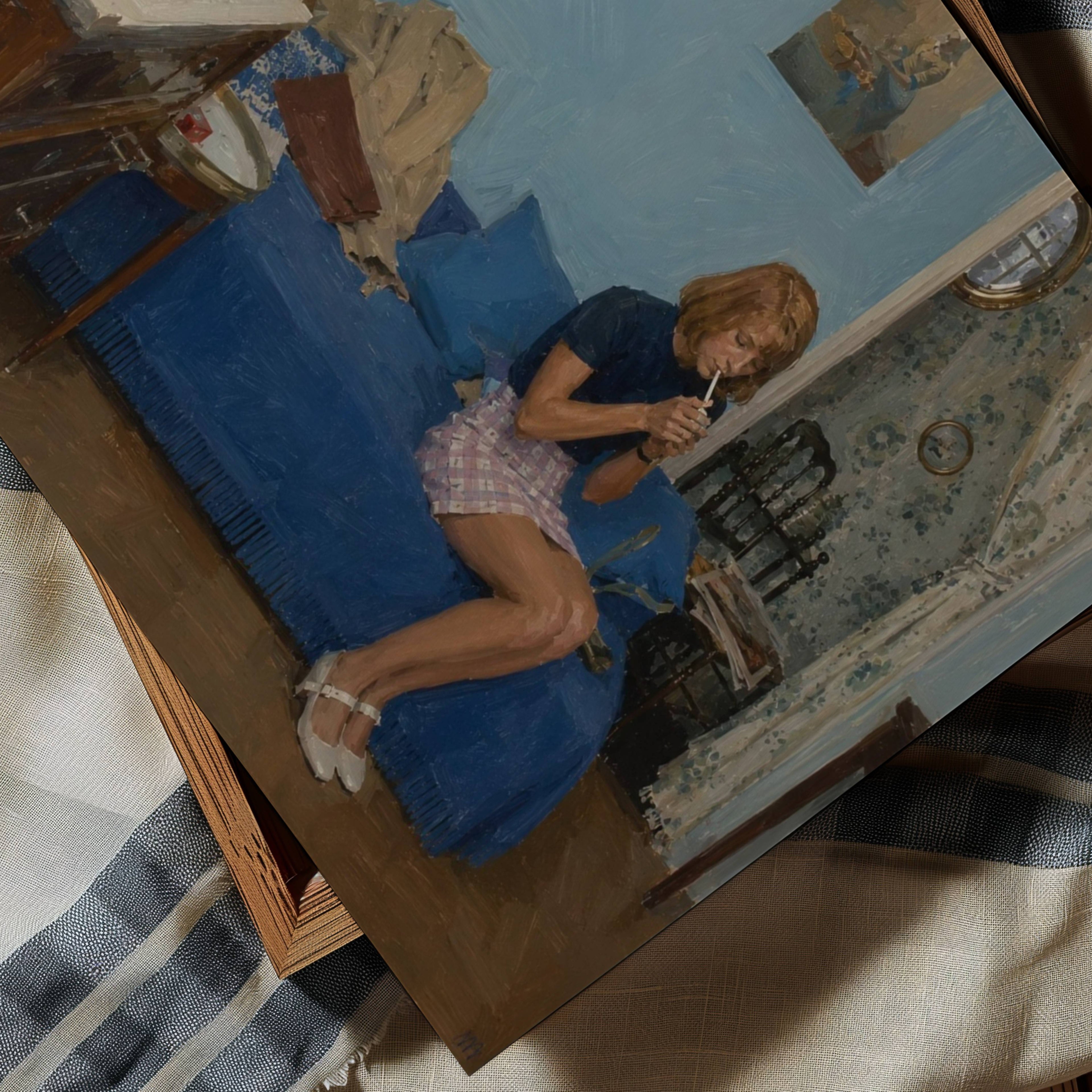 waiting for something good to happen is a hand painted retro nostalgic contemporary figurative wall art print of a woman smoking on a blue sofa, inspired by contemporary figurative painting, cinematic images, the melancholy beauty of old films, bringing storytelling, atmosphere and fashion. large textured canva oil painting wall art print
