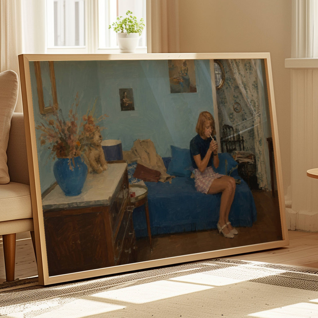 waiting for something good to happen is a hand painted retro nostalgic contemporary figurative wall art print of a woman smoking on a blue sofa, inspired by contemporary figurative painting, cinematic images, the melancholy beauty of old films, bringing storytelling, atmosphere and fashion. large textured canva oil painting wall art print