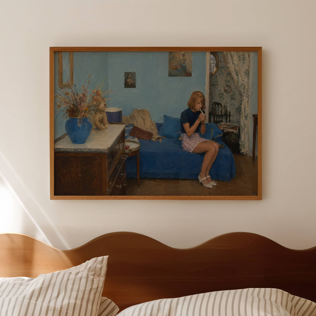 waiting for something good to happen is a hand painted retro nostalgic contemporary figurative wall art print of a woman smoking on a blue sofa, inspired by contemporary figurative painting, cinematic images, the melancholy beauty of old films, bringing storytelling, atmosphere and fashion. large textured canva oil painting wall art print