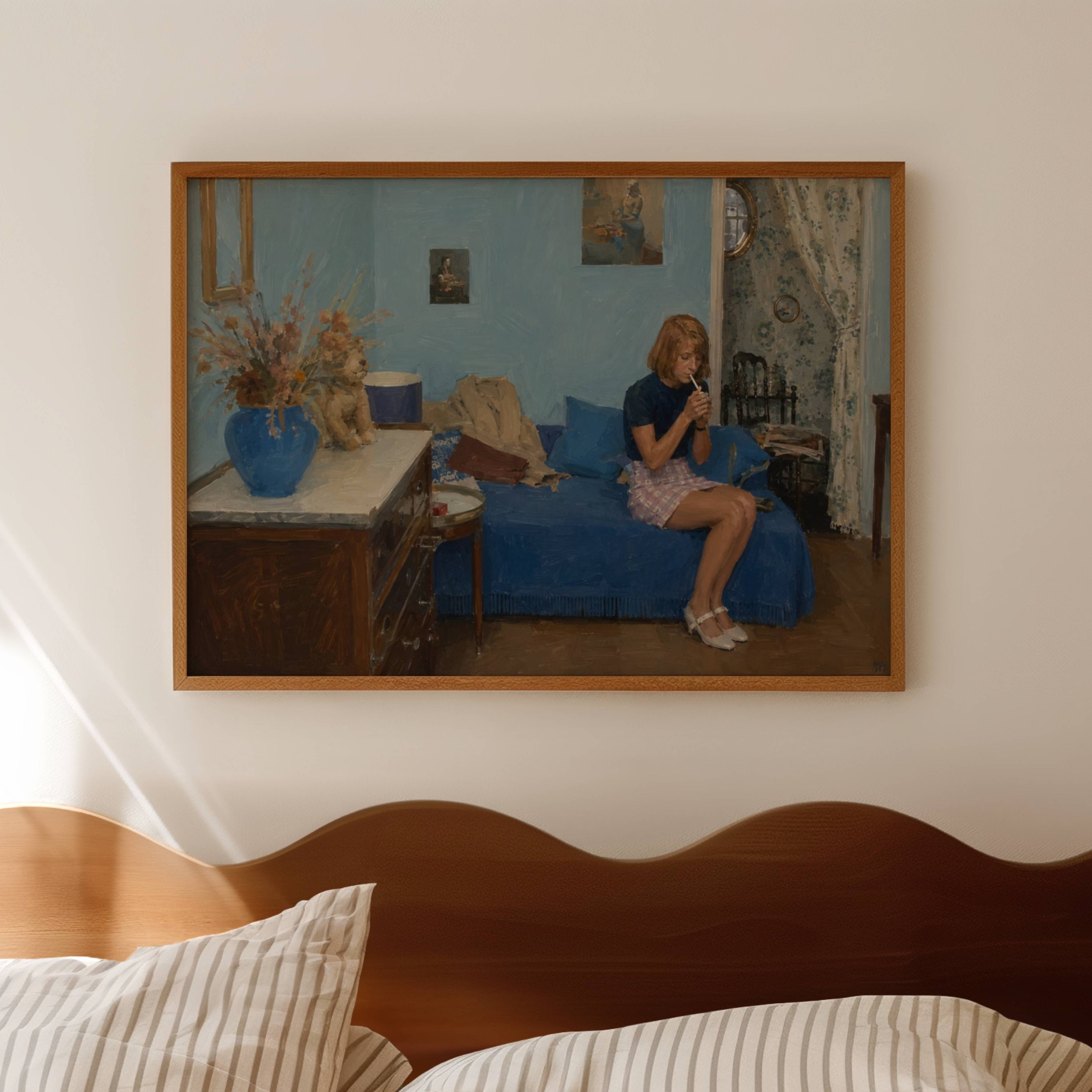 waiting for something good to happen is a hand painted retro nostalgic contemporary figurative wall art print of a woman smoking on a blue sofa, inspired by contemporary figurative painting, cinematic images, the melancholy beauty of old films, bringing storytelling, atmosphere and fashion. large textured canva oil painting wall art print