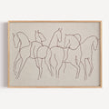 Wild hearts cant be broken is a hand drawn minimalist wall art print with abstract horse figures in a Line Drawing art, on a textured neutral background. Delicate continuous lines intertwine to create a herd in motion, capturing the feeling of untamed spirit and effortless elegance, contemporary and timeless, this piece evokes childhood obsessions, long summers and the beauty of horses.