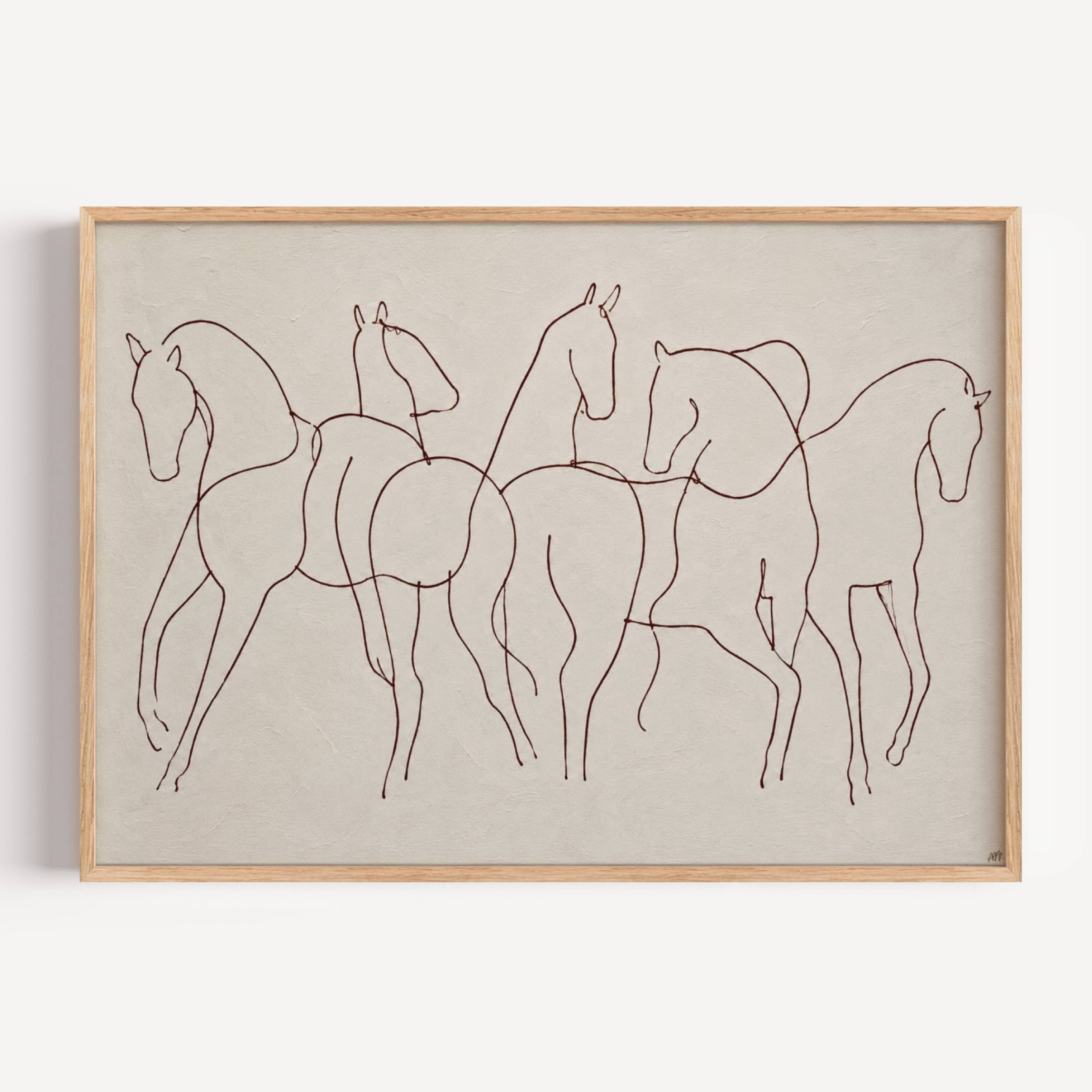 Wild hearts cant be broken is a hand drawn minimalist wall art print with abstract horse figures in a Line Drawing art, on a textured neutral background. Delicate continuous lines intertwine to create a herd in motion, capturing the feeling of untamed spirit and effortless elegance, contemporary and timeless, this piece evokes childhood obsessions, long summers and the beauty of horses.