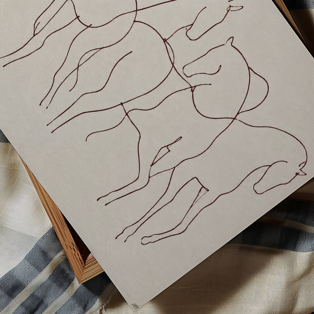 Wild hearts cant be broken is a hand drawn minimalist wall art print with abstract horse figures in a Line Drawing art, on a textured neutral background. Delicate continuous lines intertwine to create a herd in motion, capturing the feeling of untamed spirit and effortless elegance, contemporary and timeless, this piece evokes childhood obsessions, long summers and the beauty of horses.