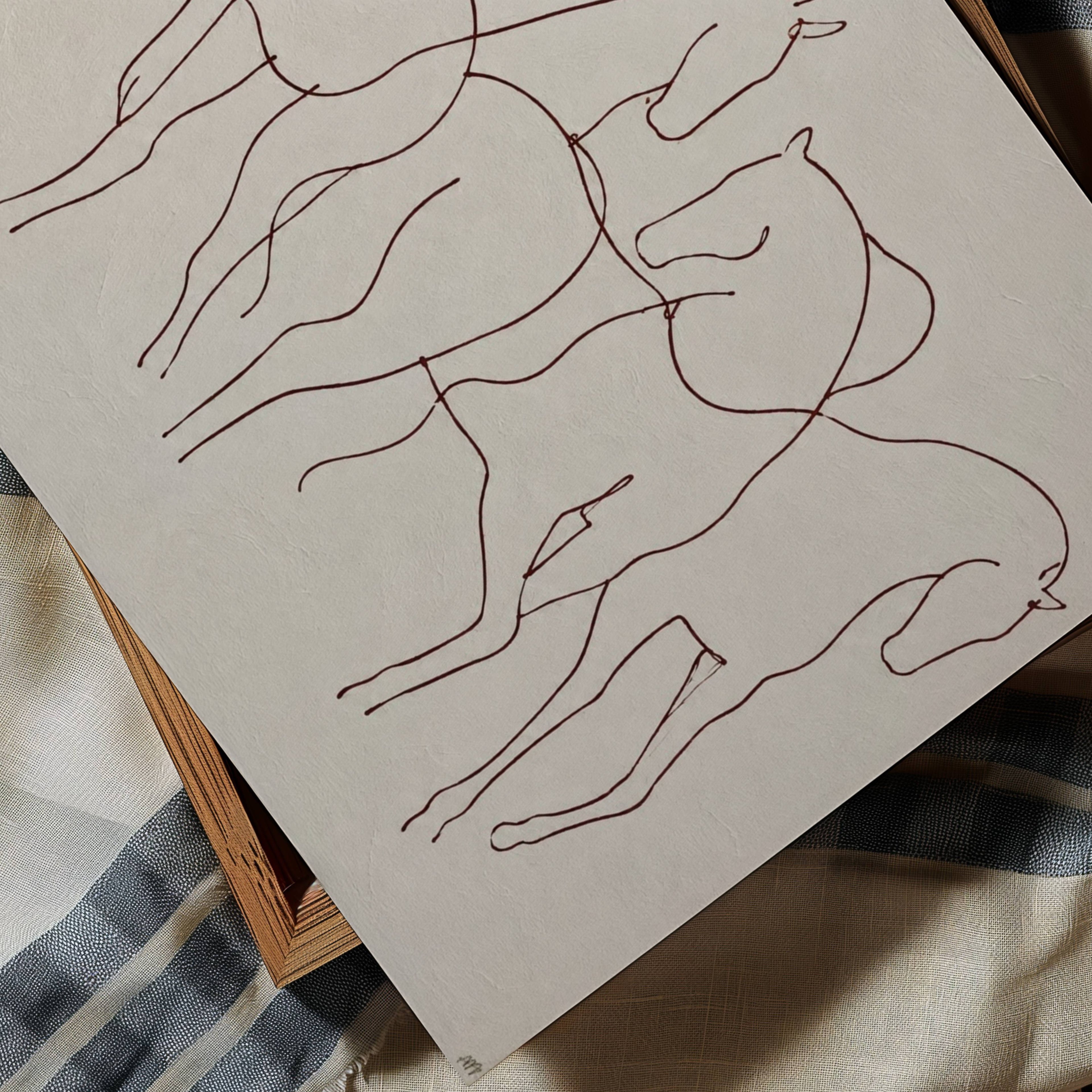 Wild hearts cant be broken is a hand drawn minimalist wall art print with abstract horse figures in a Line Drawing art, on a textured neutral background. Delicate continuous lines intertwine to create a herd in motion, capturing the feeling of untamed spirit and effortless elegance, contemporary and timeless, this piece evokes childhood obsessions, long summers and the beauty of horses.