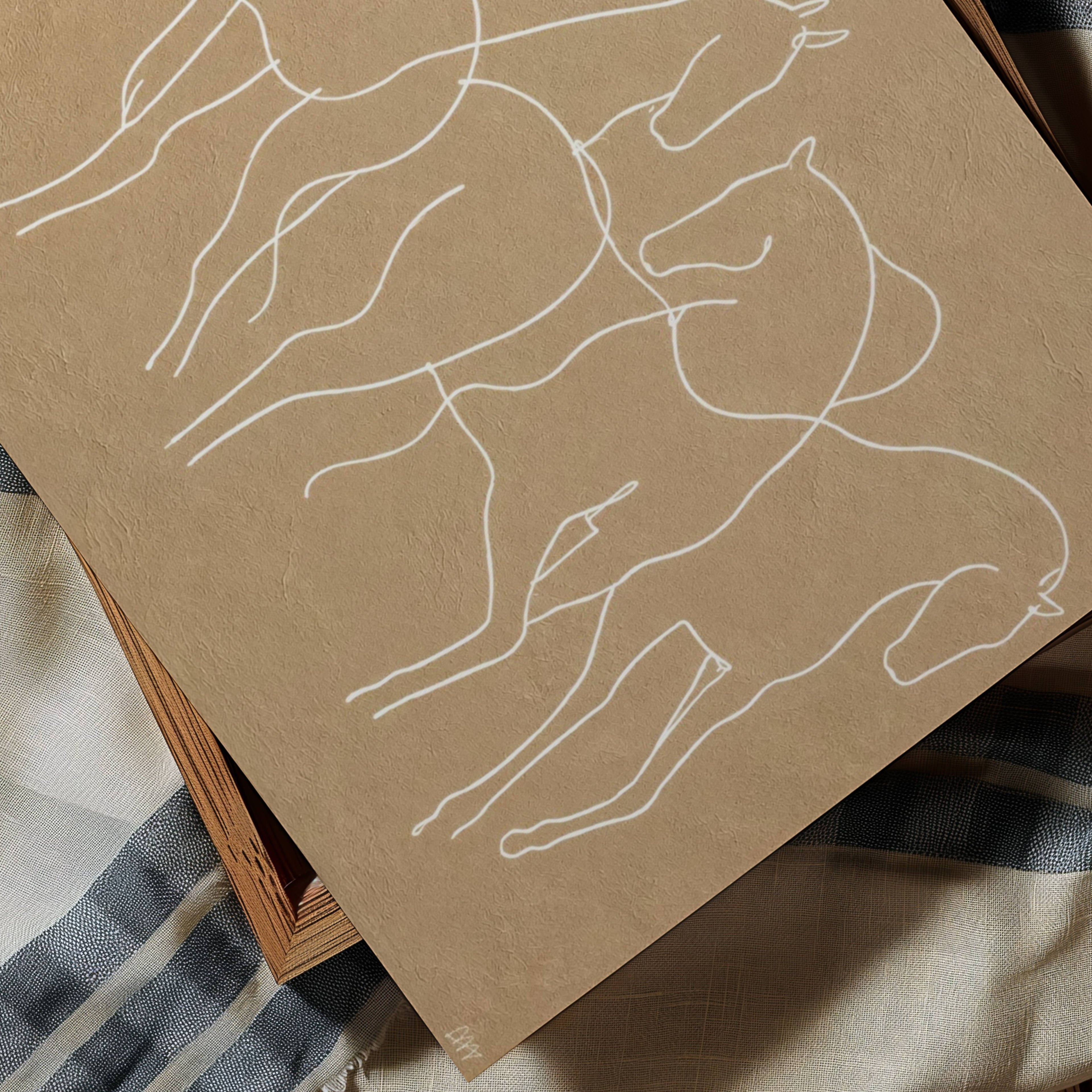 Wild hearts cant be broken is a hand drawn minimalist wall art print with abstract horse figures in a Line Drawing art, on a textured neutral background. Delicate continuous lines intertwine to create a herd in motion, capturing the feeling of untamed spirit and effortless elegance, contemporary and timeless, this piece evokes childhood obsessions, long summers and the beauty of horses.