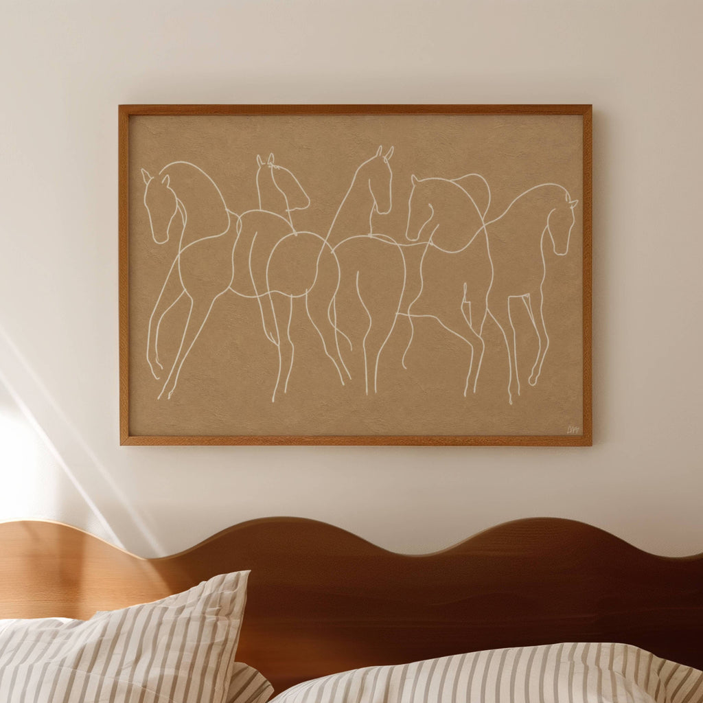 Wild hearts cant be broken is a hand drawn minimalist wall art print with abstract horse figures in a Line Drawing art, on a textured neutral background. Delicate continuous lines intertwine to create a herd in motion, capturing the feeling of untamed spirit and effortless elegance, contemporary and timeless, this piece evokes childhood obsessions, long summers and the beauty of horses.