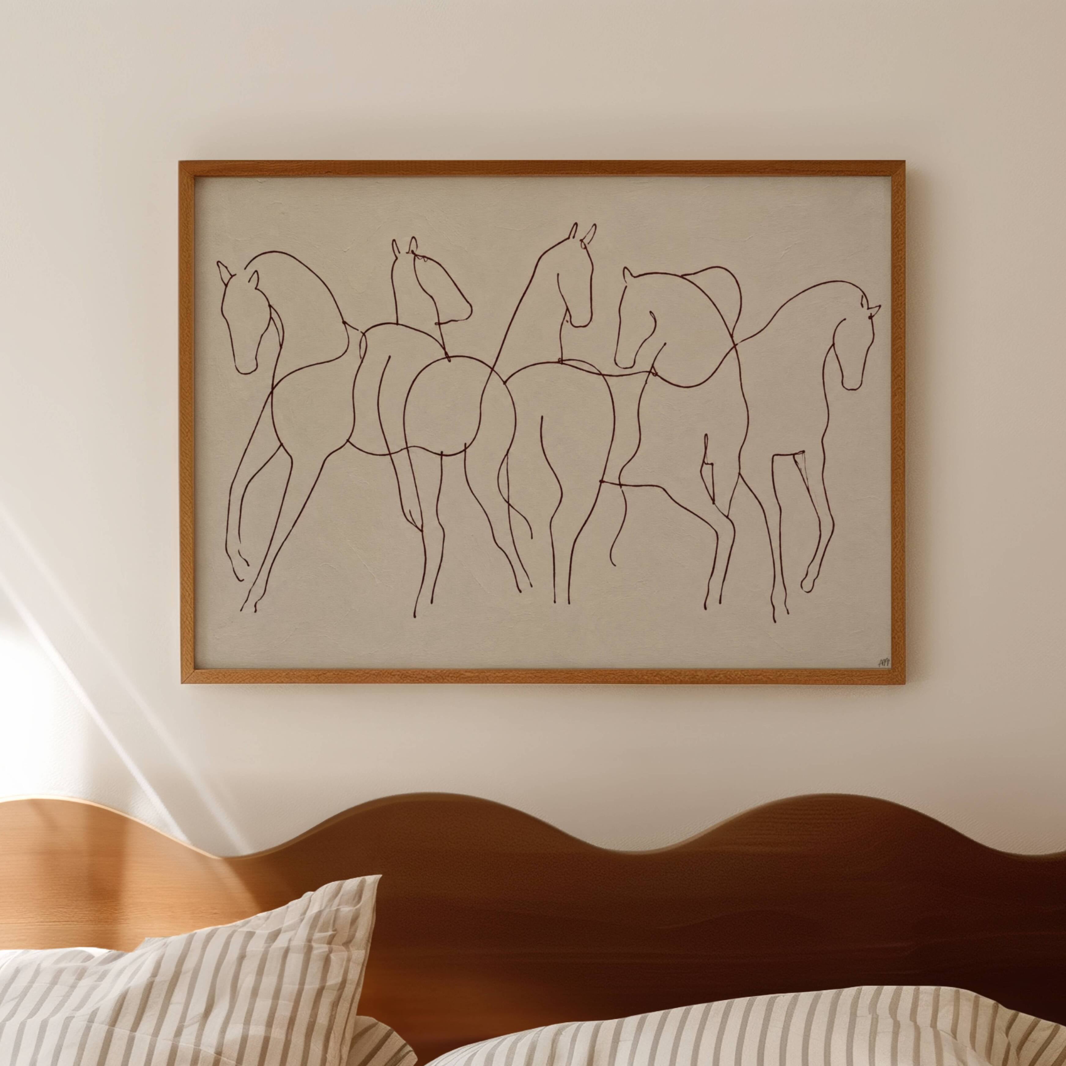 Wild hearts cant be broken is a hand drawn minimalist wall art print with abstract horse figures in a Line Drawing art, on a textured neutral background. Delicate continuous lines intertwine to create a herd in motion, capturing the feeling of untamed spirit and effortless elegance, contemporary and timeless, this piece evokes childhood obsessions, long summers and the beauty of horses.