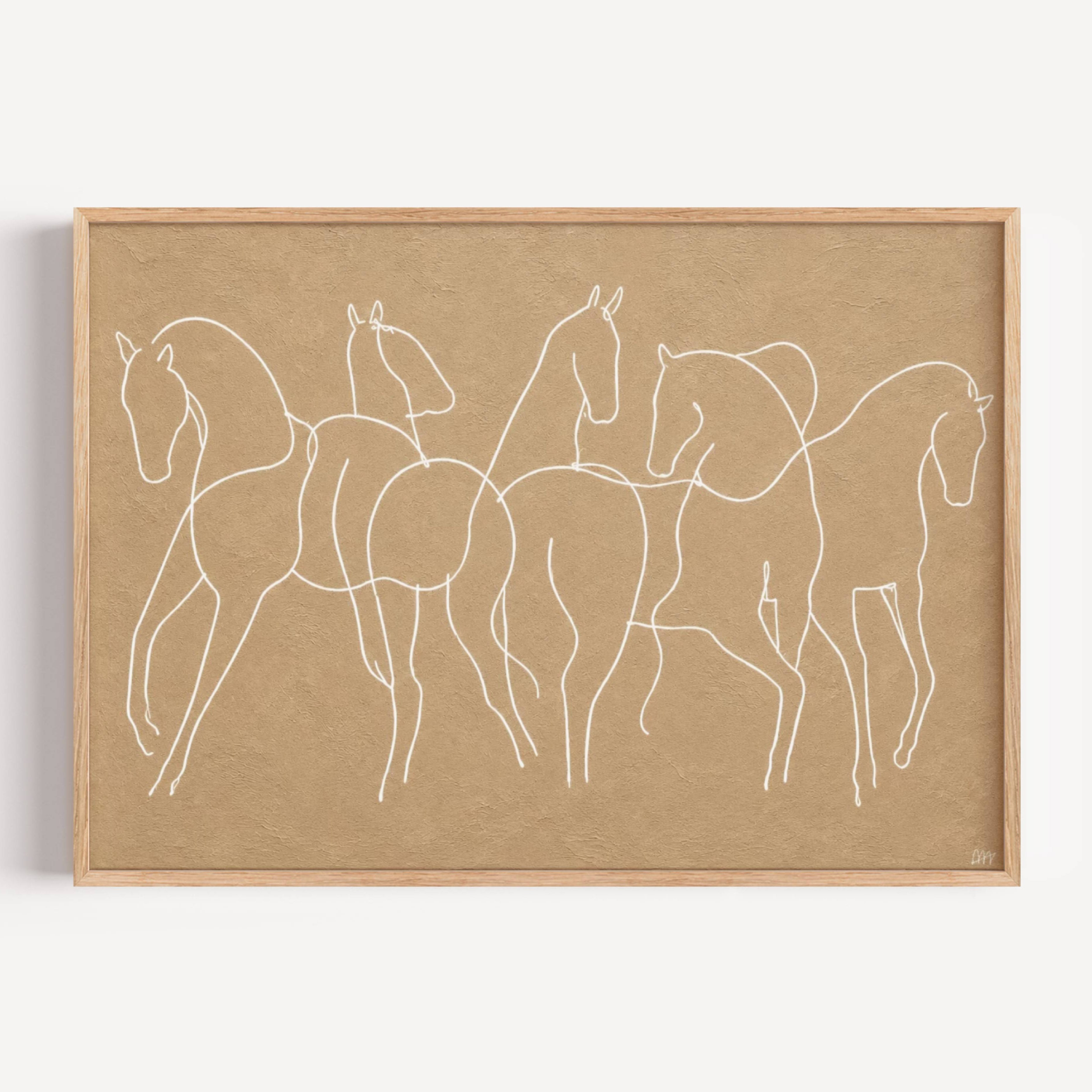 Wild hearts cant be broken is a hand drawn minimalist wall art print with abstract horse figures in a Line Drawing art, on a textured neutral background. Delicate continuous lines intertwine to create a herd in motion, capturing the feeling of untamed spirit and effortless elegance, contemporary and timeless, this piece evokes childhood obsessions, long summers and the beauty of horses.