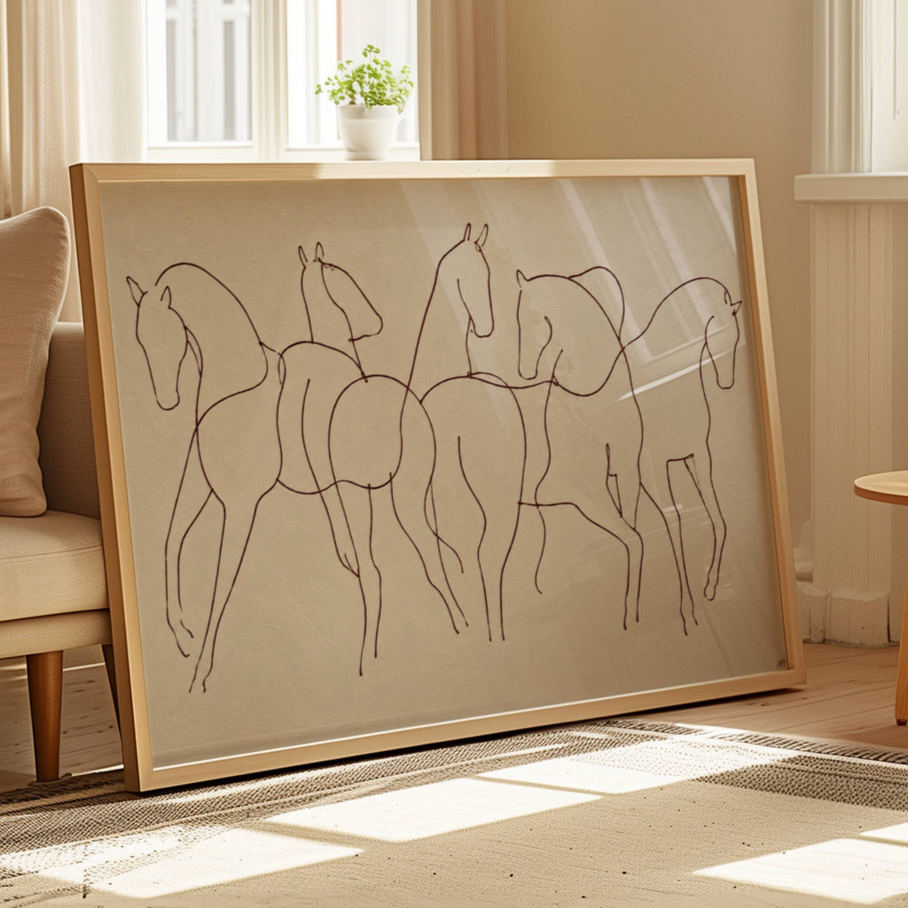 Wild hearts cant be broken is a hand drawn minimalist wall art print with abstract horse figures in a Line Drawing art, on a textured neutral background. Delicate continuous lines intertwine to create a herd in motion, capturing the feeling of untamed spirit and effortless elegance, contemporary and timeless, this piece evokes childhood obsessions, long summers and the beauty of horses.