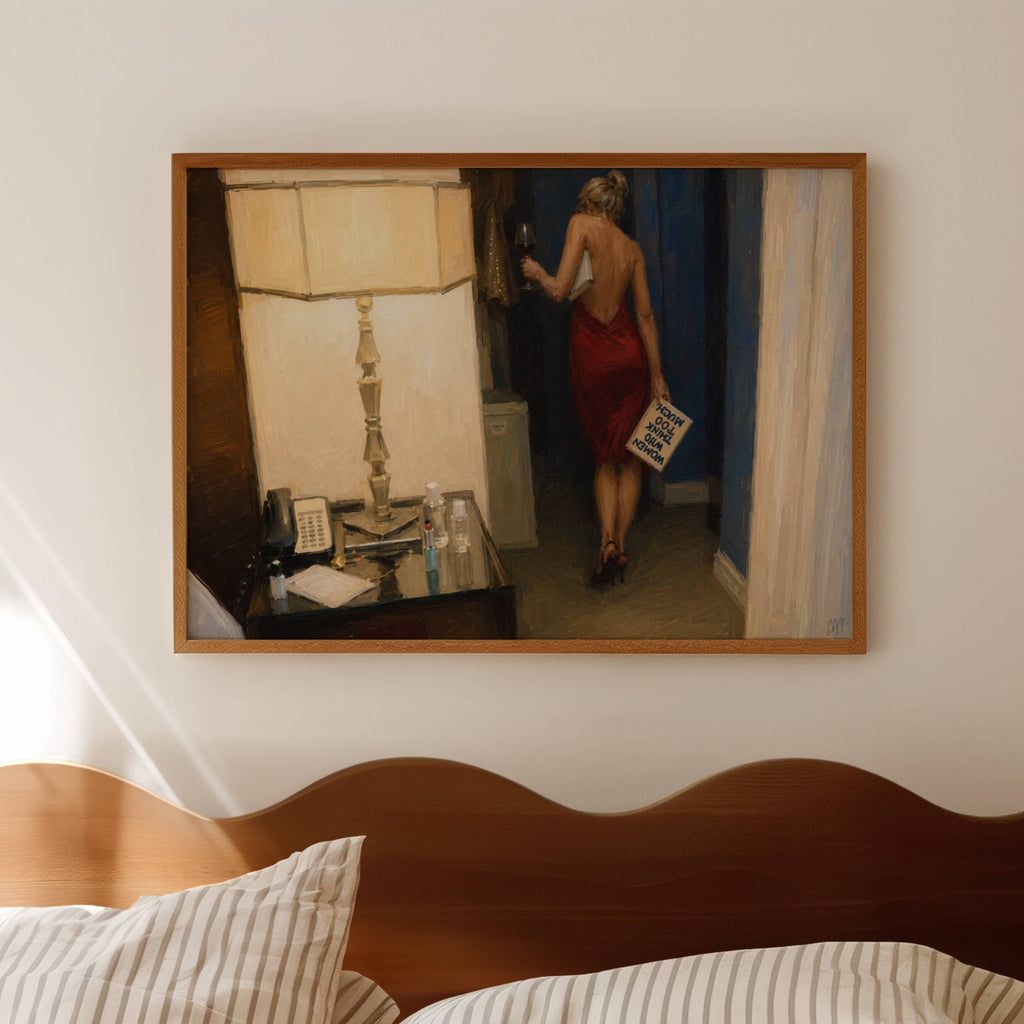 women who think too much is a hand painted contemporary figurative wall art print of a woman in a red dress with a glass of wine and a book, inspired by contemporary figurative painting, cinematic images, the melancholy beauty of old films, bringing storytelling, atmosphere. large textured canva oil painting wall art print