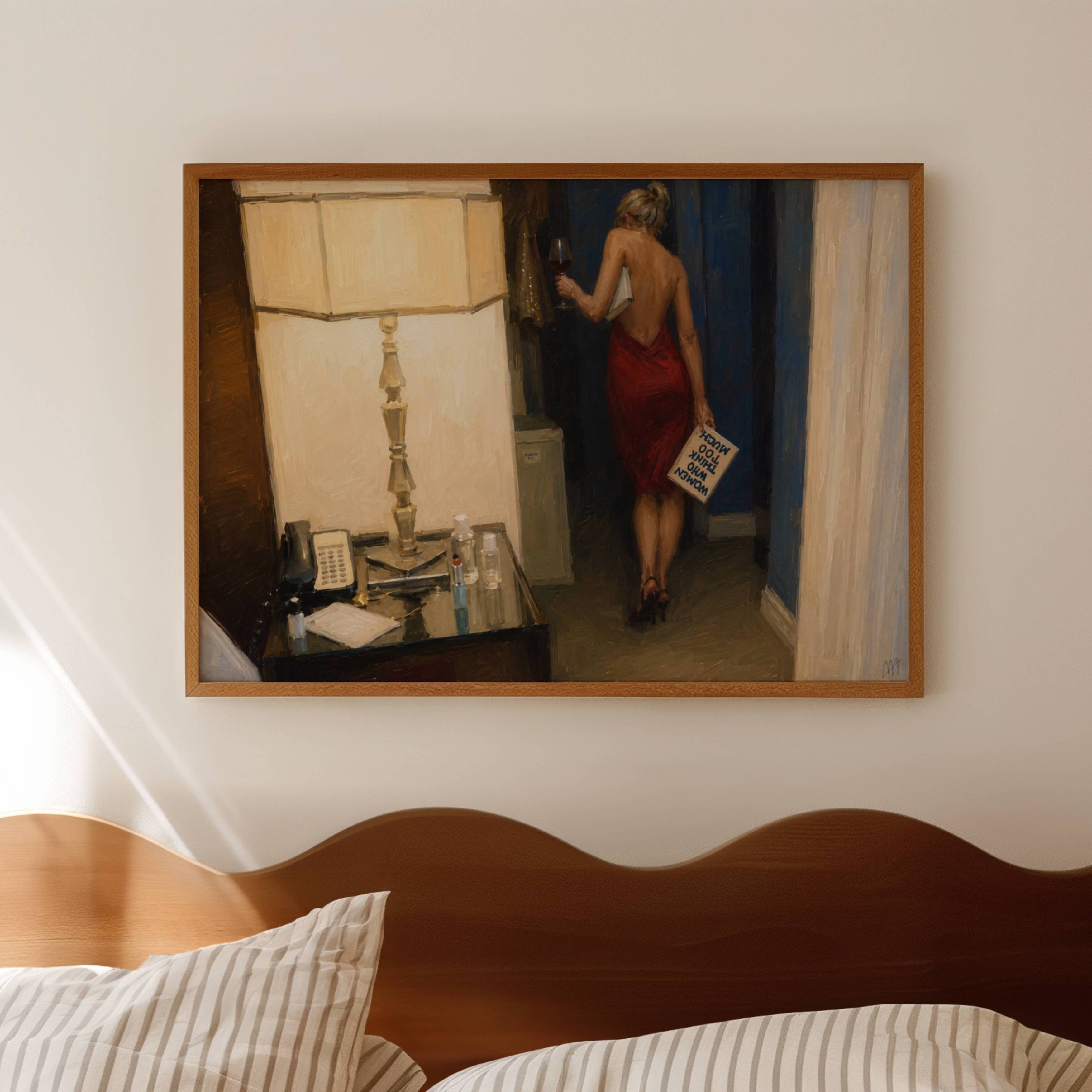 women who think too much is a hand painted contemporary figurative wall art print of a woman in a red dress with a glass of wine and a book, inspired by contemporary figurative painting, cinematic images, the melancholy beauty of old films, bringing storytelling, atmosphere. large textured canva oil painting wall art print