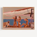 yacht season captures people on a sailboat evoking slow summer evenings, meaningful conversations and the understated luxury of having nowhere else to be. Painted with expressive brushstrokes and warm sun-soaked tones, the composition celebrates the beauty of leisure, ritual and connection. The vibrant pink outlines add a contemporary energy to an otherwise timeless scene, creating a striking balance between modern fine art and nostalgic Mediterranean living.