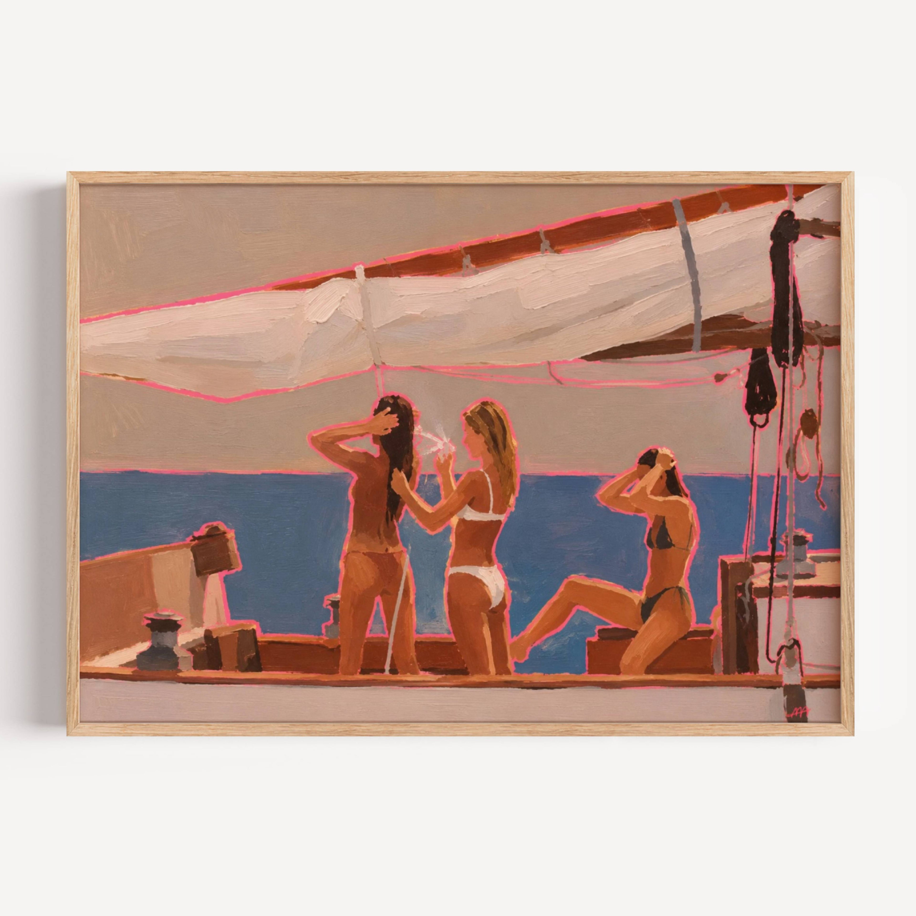 yacht season captures people on a sailboat evoking slow summer evenings, meaningful conversations and the understated luxury of having nowhere else to be. Painted with expressive brushstrokes and warm sun-soaked tones, the composition celebrates the beauty of leisure, ritual and connection. The vibrant pink outlines add a contemporary energy to an otherwise timeless scene, creating a striking balance between modern fine art and nostalgic Mediterranean living.