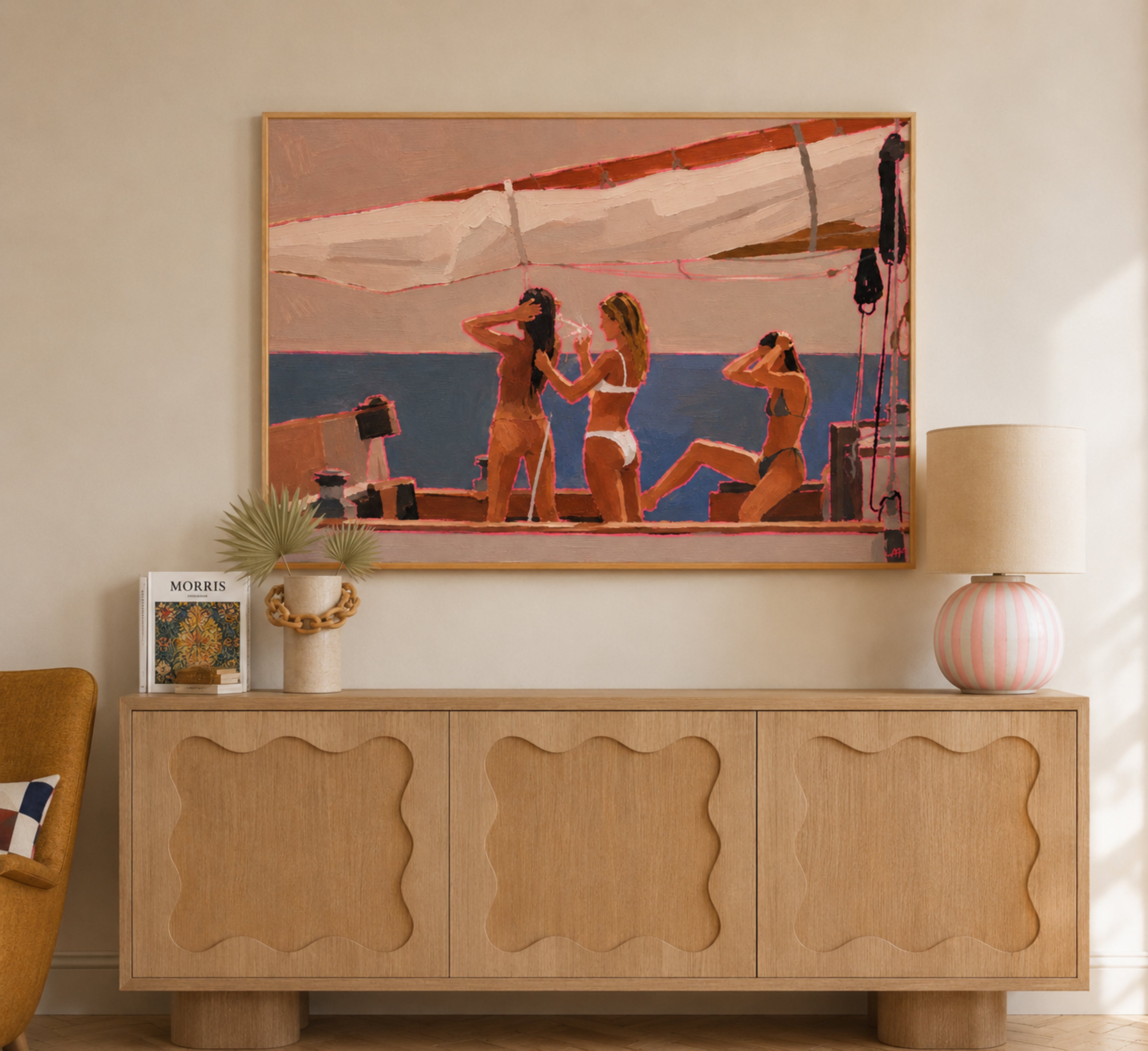 yacht season captures people on a sailboat evoking slow summer evenings, meaningful conversations and the understated luxury of having nowhere else to be. Painted with expressive brushstrokes and warm sun-soaked tones, the composition celebrates the beauty of leisure, ritual and connection. The vibrant pink outlines add a contemporary energy to an otherwise timeless scene, creating a striking balance between modern fine art and nostalgic Mediterranean living.