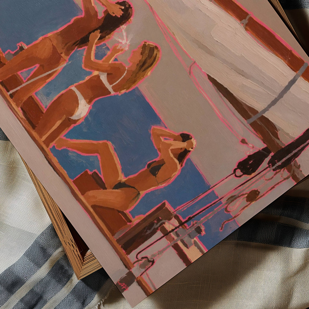 A square art print or painting depicting three women in bikinis on a pool deck, rendered in expressive brushstrokes with blue, pink, tan, and cream tones. The artwork is photographed at an angle on a striped fabric surface.