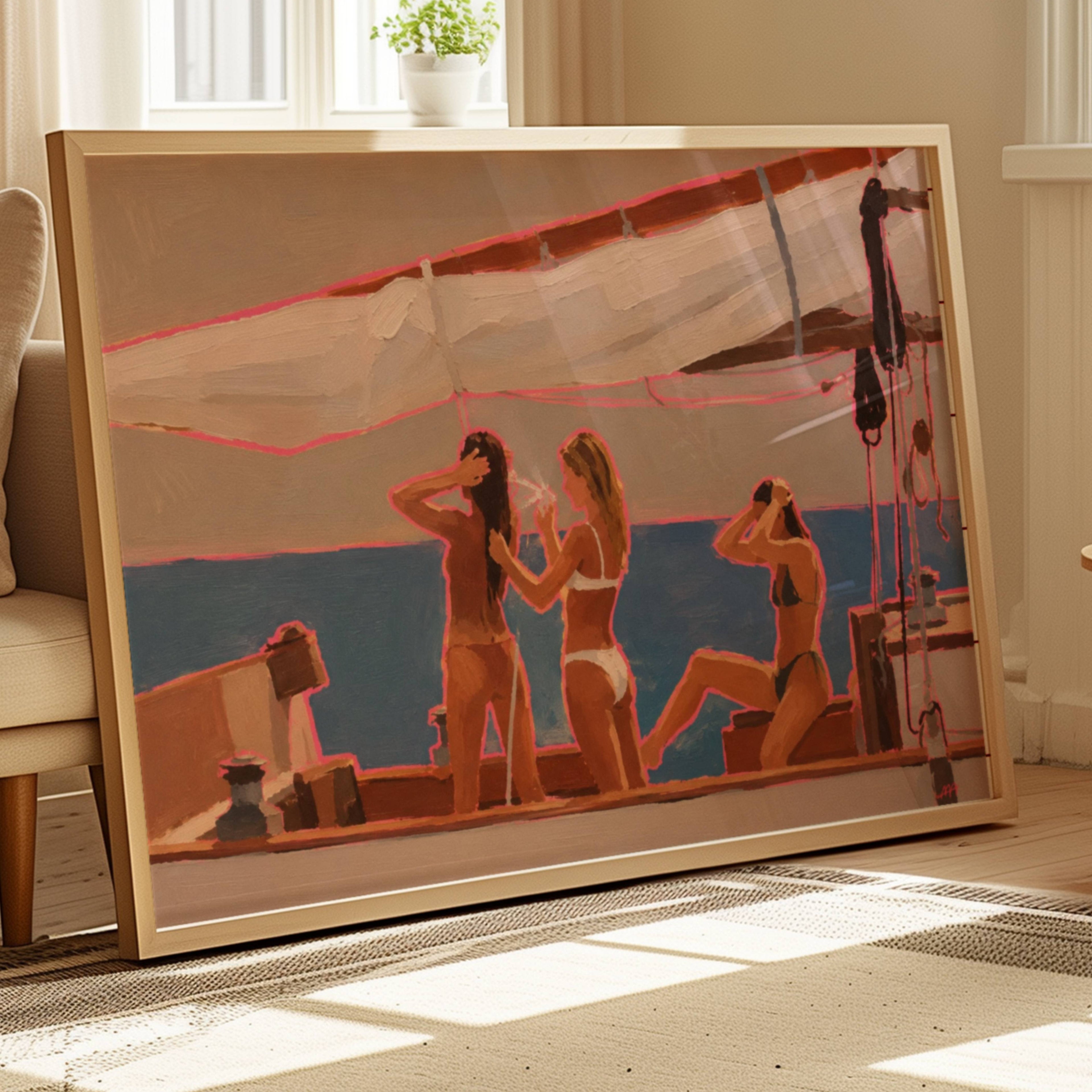 yacht season captures people on a sailboat evoking slow summer evenings, meaningful conversations and the understated luxury of having nowhere else to be. Painted with expressive brushstrokes and warm sun-soaked tones, the composition celebrates the beauty of leisure, ritual and connection. The vibrant pink outlines add a contemporary energy to an otherwise timeless scene, creating a striking balance between modern fine art and nostalgic Mediterranean living.